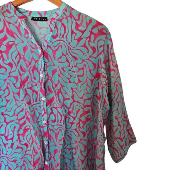 Ap NY Hottie Button Up Blouse L Large Mandarin Collar 3/4 sleeve Light Aqua Hot - Picture 5 of 9